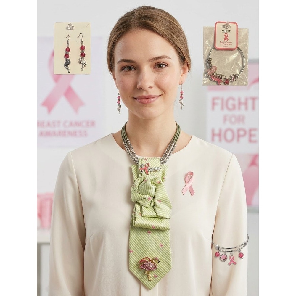 Breast Cancer Awareness Flamingo Tie Necklace Set by Collared Greens, Earrings